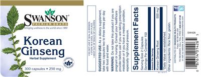 Photo of the Swanson Premium Brand Korean Ginseng 250 mg label