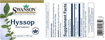 Photo of the Swanson Premium Brand Hyssop 450 mg label