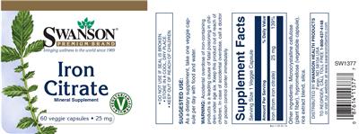 Photo of the Swanson Iron Citrate 25 mg label