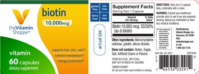 Photo of the The Vitamin Shoppe Biotin 10,000 mcg label