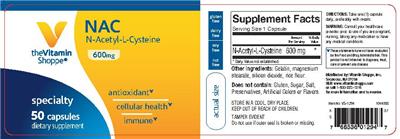 Photo of the The Vitamin Shoppe NAC 600 mg label