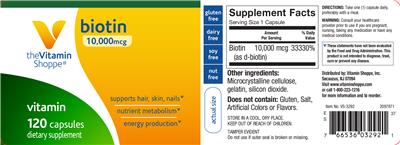 Photo of the The Vitamin Shoppe Biotin 10,000 mcg label