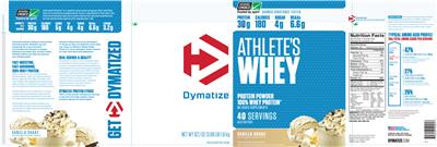 Photo of the Dymatize Athlete's Whey Vanilla Shake label