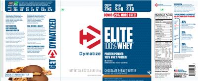 Photo of the Dymatize Elite 100% Whey Chocolate Peanut Butter label