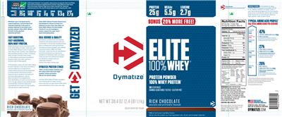 Photo of the Dymatize Elite 100% Whey Rich Chocolate label