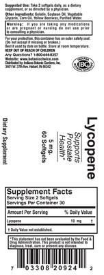 Photo of the Indiana Botanic Gardens Lycopene 5 mg label