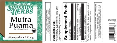 Photo of the Swanson Superior Herbs Muira Puama 250 mg label