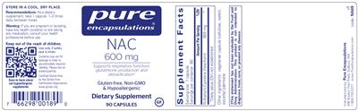 Photo of the Pure Encapsulations NAC 600 mg label