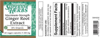Photo of the Swanson Superior Herbs Maximum-Strength Ginger Root Extract 200 mg label