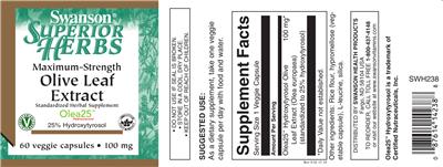 Photo of the Swanson Superior Herbs Maximum-Strength Olive Leaf Extract 100 mg label