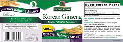 Photo of the Nature's Answer Korean Ginseng 500 mg label