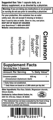 Photo of the Indiana Botanic Gardens Cinnamon 650 mg label