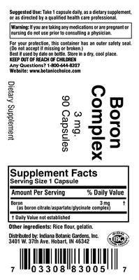 Photo of the Indiana Botanic Gardens Boron Complex 3 mg label