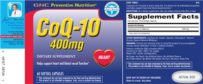 Photo of the GNC Preventive Nutrition CoQ-10 400 mg label