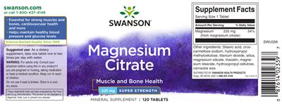 Photo of the Swanson Magnesium Citrate 225 mg Super Strength label