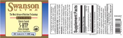 Photo of the Swanson Ultra Enteric Coated 5-HTP Extra Strength 100 mg label