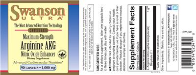 Photo of the Swanson Ultra Maximum-Strength Arginine AKG 1,000 mg label