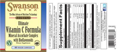 Photo of the Swanson Ultra Ultimate Vitamin C Formula Mineral Ascorbate Complex with Bioflavonoids label