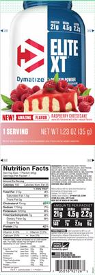 Photo of the Dymatize Elite XT Raspberry Cheesecake label