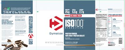 Photo of the Dymatize ISO100 Hydrolyzed Cookies & Cream label
