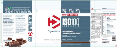 Photo of the Dymatize ISO100 Hydrolyzed Fudge Brownie label