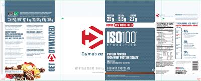 Photo of the Dymatize ISO100 Hydrolyzed Gourmet Chocolate label