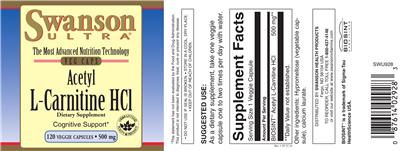 Photo of the Swanson Ultra Acetyl L-Carnitine HCl 500 mg label