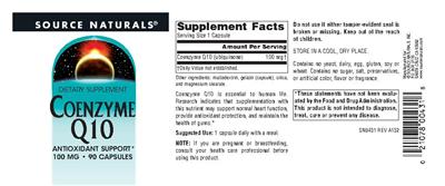 Source Naturals Coenzyme Q10 100 mg supplement facts label