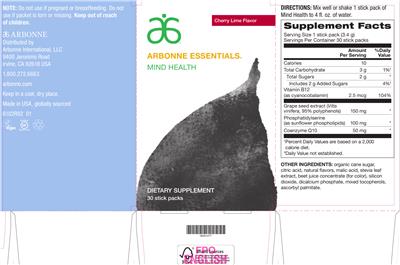 Photo of the Arbonne Essentials Mind Health Cherry Lime Flavor label