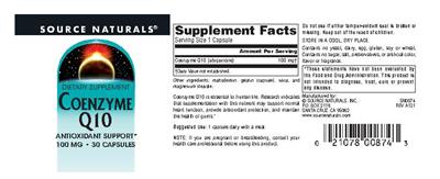 Photo of the Source Naturals Coenzyme Q10 100 mg label