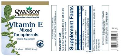Photo of the Swanson Premium Brand Vitamin E Mixed Tocopherols 200 IU (134 mg) label