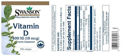 Photo of the Swanson Premium Brand Vitamin D 400 IU (10 mcg) label