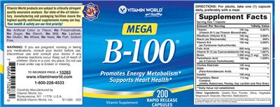 Photo of the Vitamin World Mega B-100 label