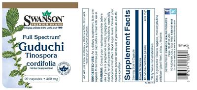 Photo of the Swanson Premium Brand Full Spectrum Guduchi Tinospora Cordifolia 400 mg label