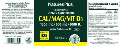 Photo of the Nature's Plus Cal/Mag/Vit D3 with Vitamin K2 label