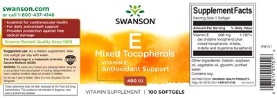 Photo of the Swanson E Mixed Tocopherols 400 IU label