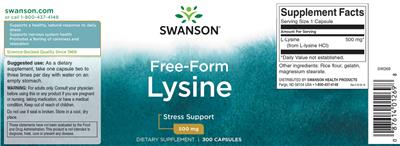 Photo of the Swanson Free-Form Lysine 500 mg label