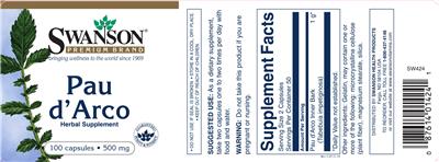 Photo of the Swanson Premium Brand Pau d'Arco 500 mg label