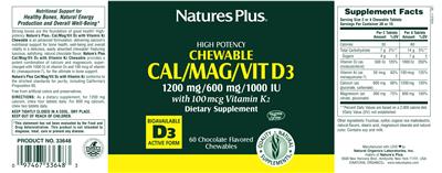 Photo of the Natures Plus Cal/Mag/Vit D3 with Vitamin K2 Chocolate Flavored label