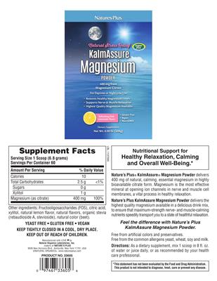 Photo of the Natures Plus KalmAssure Magnesium Powder 400 mg Refreshing Pink Lemonade Flavor label