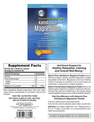 Photo of the Natures Plus KalmAssure Magnesium Powder 400 mg Refreshing Natural Orange Flavor label