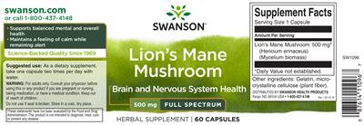 Photo of the Swanson Lion's Mane Mushroom 500 mg Full Spectrum label
