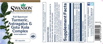 Photo of the Swanson Premium Brand Full Spectrum Turmeric, Astragalus & Gotu Kola Complex label