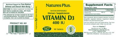 Photo of the Natures Plus Vitamin D3 400 IU label