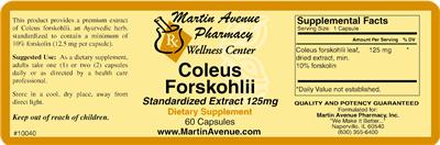Photo of the Martin Avenue Pharmacy Coleus Forskohlii Standardized Extract 125 mg label