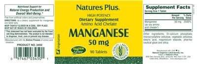 Photo of the Natures Plus High Potency Amino Acid Chelate Manganese 50 mg label