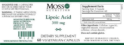 Photo of the Moss Nutrition Lipoic Acid 300 mg label