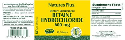 Photo of the Natures Plus Betaine Hydrochloride 600 mg label