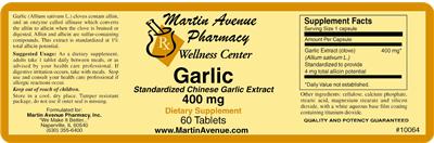 Photo of the Martin Avenue Pharmacy Garlic Standardized Chinese Garlic Extract 400 mg label