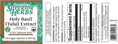Photo of the Swanson Superior Herbs Holy Basil (Tulsi) Extract 400 mg label